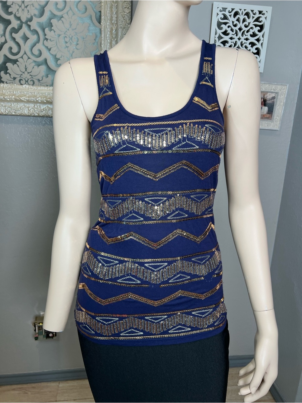 Women's Navy Blue with Gold Sequin Tank Top